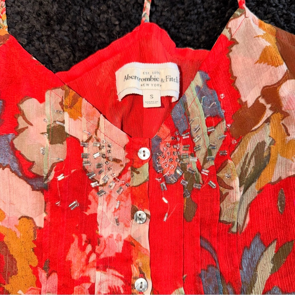 Abercrombie & Fitch Floral Cami Red Pink Button Front Spaghetti Strap Top S - Picture 5 of 12